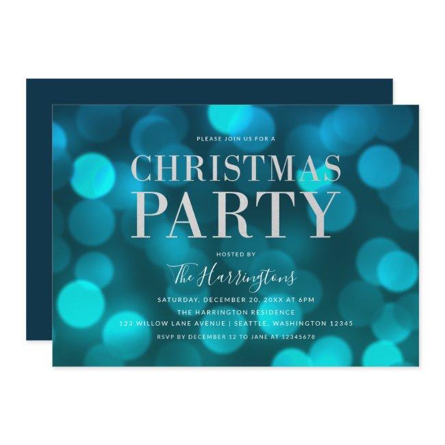 Aqua Blue Bokeh Lights Faux Silver Christmas Party Invitation