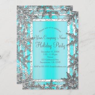 Aqua Blue & Silver Winter Snowflakes Elegant Party Invitation