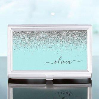 Aqua Blue Teal Silver Glitter Monogram  Case