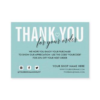 AQUA BLUE THANK YOU FOR YOUR ORDER SOCIAL QR CODE ENCLOSURE CARD