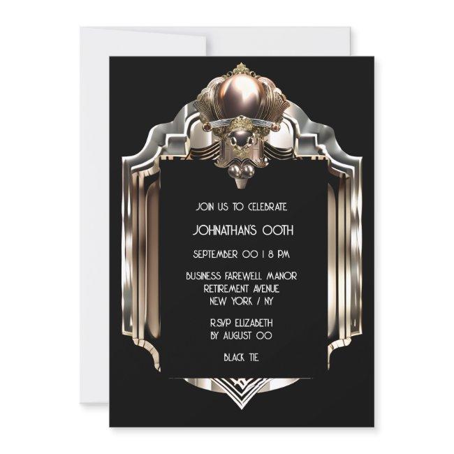 Art deco great gatsby black rose gold metal look invitation