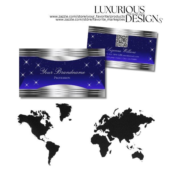 Artful Night Sky Blue Silver Borders with QR Code