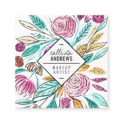 Artsy Elegant Pink Teal Floral Watercolor Makeup Square