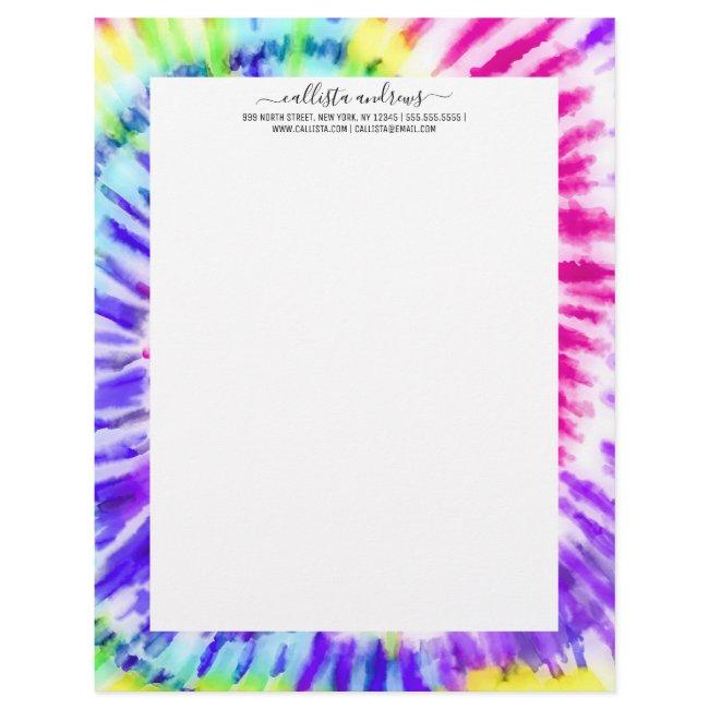 Artsy Neon Rainbow Tie Dye Watercolor Pattern Letterhead