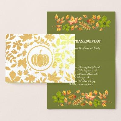 Autumn Leaves & Pumpkin Luxury Thanksgiving Real Foil Card