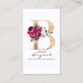 B Monogram Burgundy Red Flowers and Faux Gold