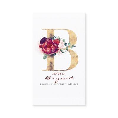 B Monogram Burgundy Red Flowers and Faux Gold