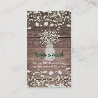 Baby's Breath Flowers Rustic Wood Refer a Friend Referral Card
