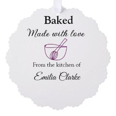 Baked with love bakery business add name texture l ornament card