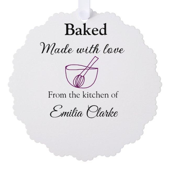 Baked with love bakery business add name texture l ornament card