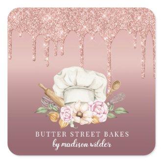 Baker Pastry Chef Rose Gold Glitter Drips Product  Square Sticker