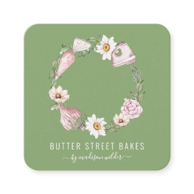 Baker Pastry Chef Watercolor Baking Utensil Floral Square