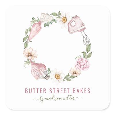 Baker Pastry Chef Watercolor Baking Utensil Floral Square Sticker