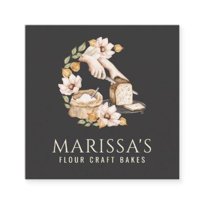 Baker's Bakery Bread And Flour Floral Black Square