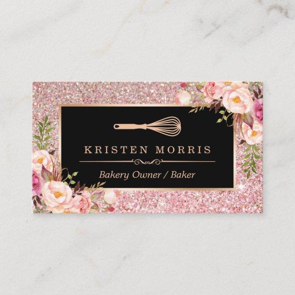 Bakery Chef Whisk Logo | Floral Rose Gold Glitter