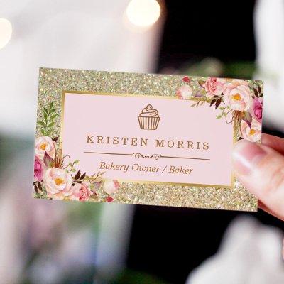 Bakery Cupcake Logo | Floral Pink Gold Glitter