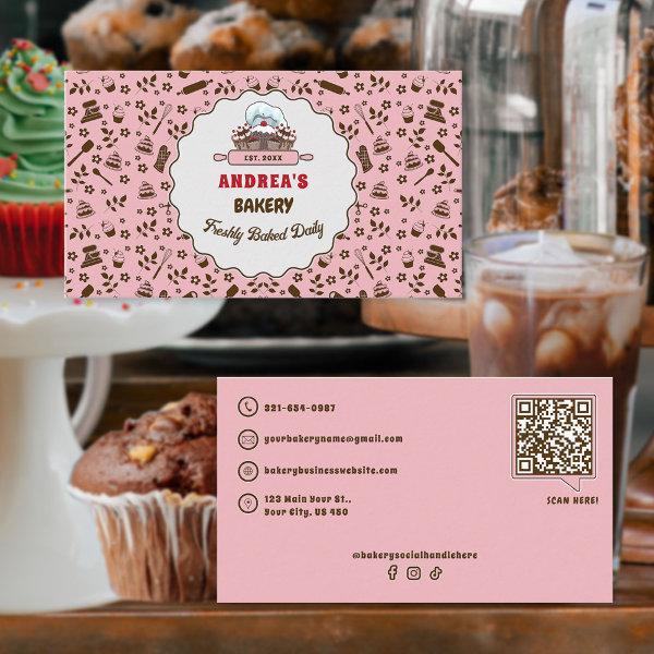 Bakery Logo & QR Code Cute Pastel Pink Custom