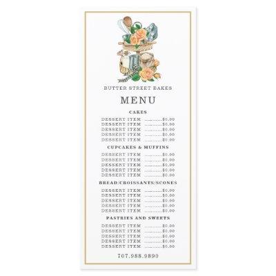 Bakery Pastry Chef Watercolor Baking Utensils Menu