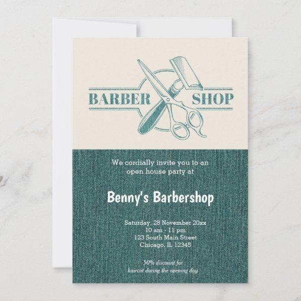 Barbershop blue jeans texture open day invitation