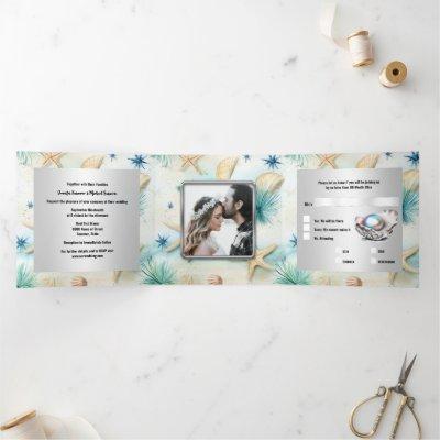 Beach sand ocean waves seashells nautical chic Tri-Fold Invitation