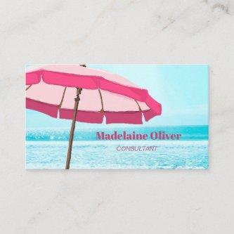 Beach Scene Ocean Blue Pink Umbrella