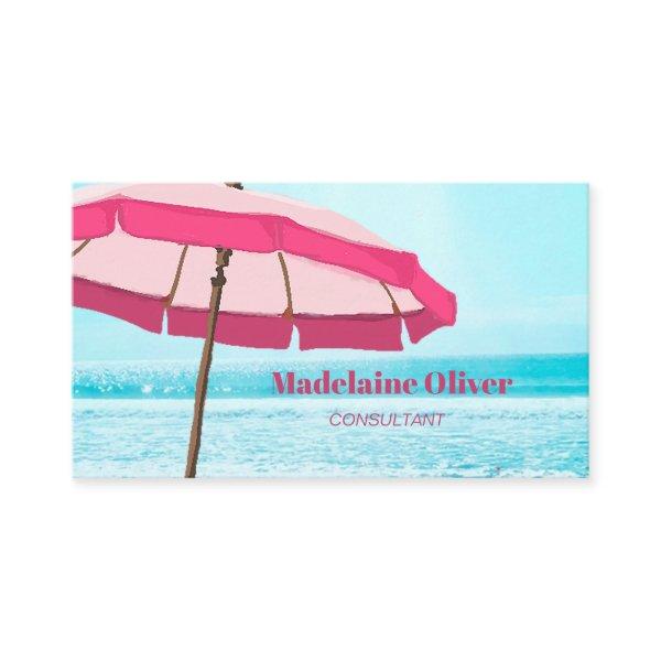 Beach Scene Ocean Blue Pink Umbrella