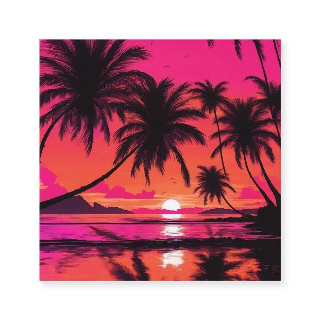Beach scene with a vibrant orange and pink sunset calling card