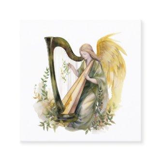 Beautiful Angel Playing Harp Watercolor Square