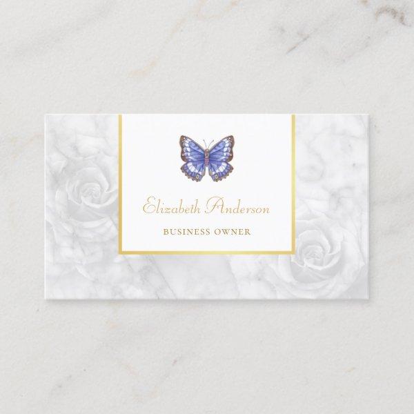 Beautiful Blue Butterfly Elegant Rose White Marble