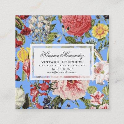 Beautiful Flowers and Insects Garden Floral Blue Square