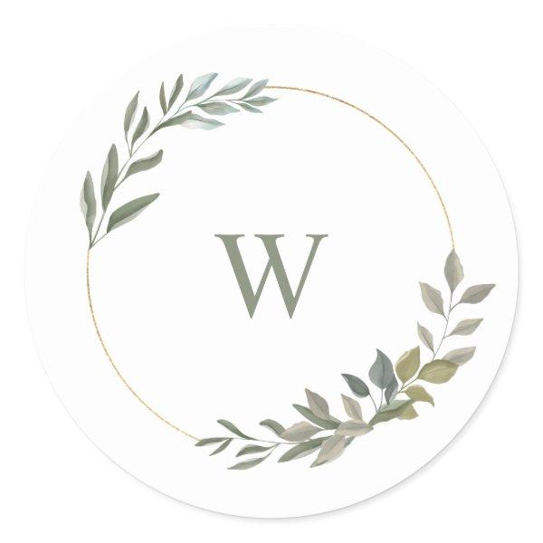 Beautiful Monogram Greenery Watercolor wreath Classic Round Sticker