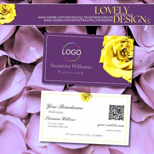 Beautiful Yellow Rose on Purple with Logo QR Code