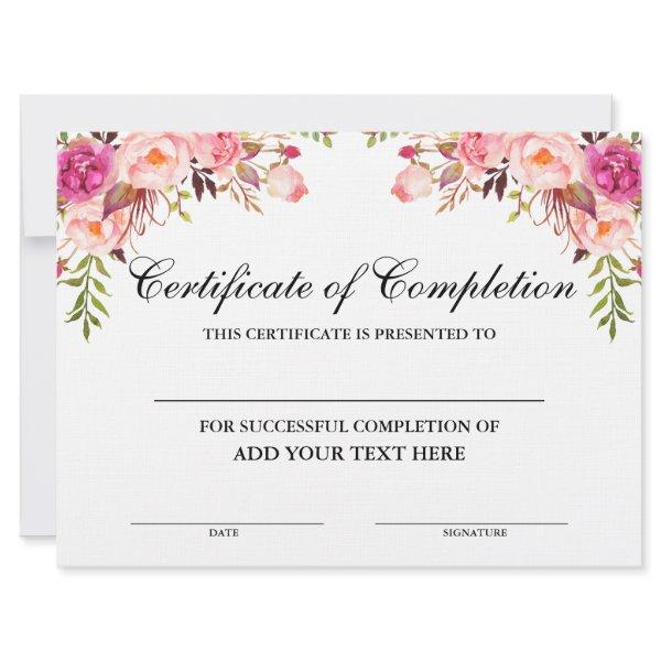 Beauty Salon Certificate of Completion Pink Floral Card
