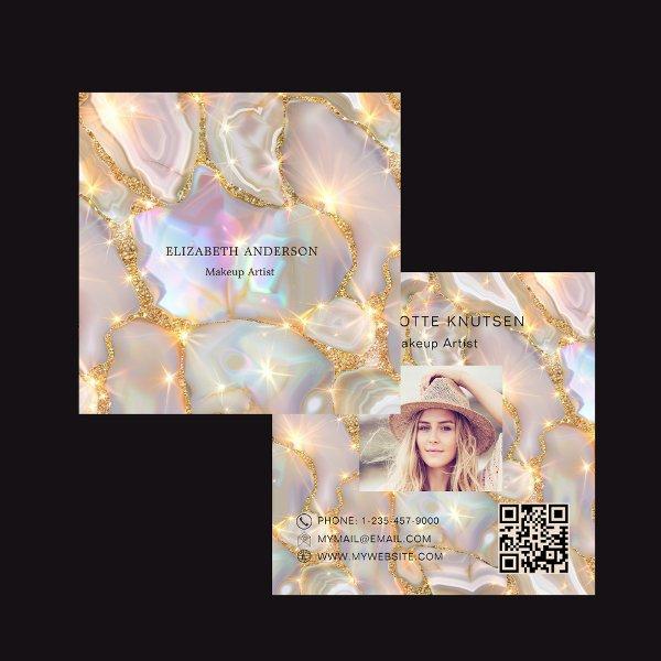 Beige gold agate holographic photo qr code square