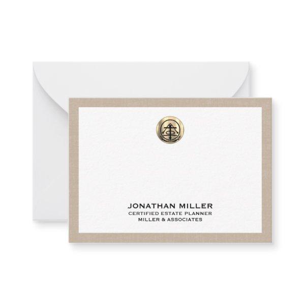 Beige Linen Trimmed Note Card with Gold Logo