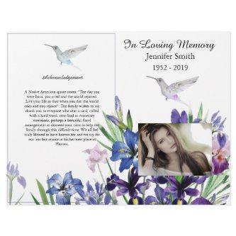 Bi-Fold Purple Irises Hummingbird Funeral Program Flyer
