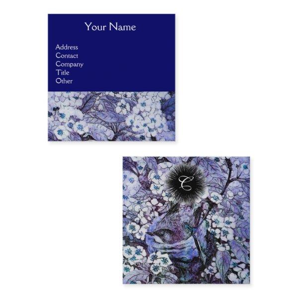 BIRD NEST AND SPRING FLOWERS Monogram Blue White Square