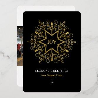 Black and Gold Snowflake Corporate Photo Foil Holiday Card