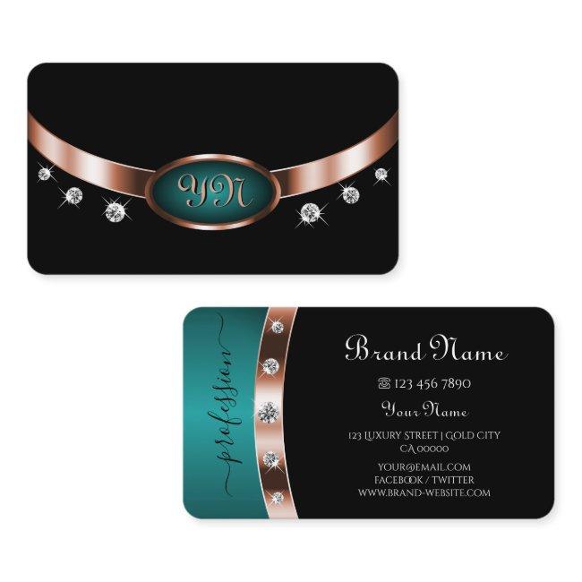 Black and Teal with Rose Gold Effect Monogrammed