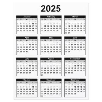 Black and White 2025 Yearly Calendar Paper Sheet