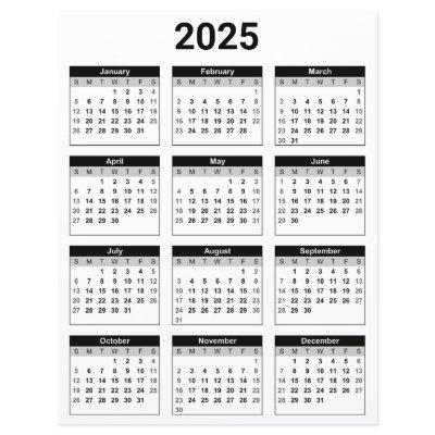 Black and White 2025 Yearly Calendar Paper Sheet