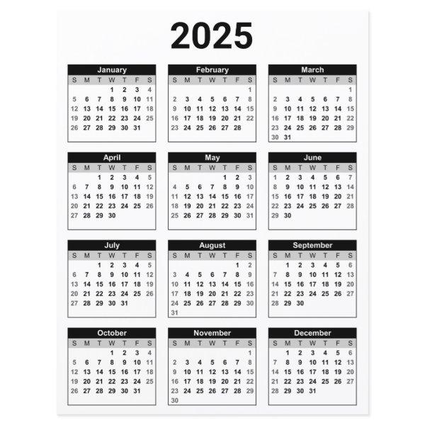 Black and White 2025 Yearly Calendar Paper Sheet