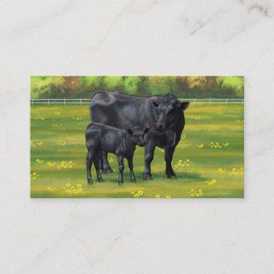 Black Angus Cow & Cute Calf in Summer Pasture