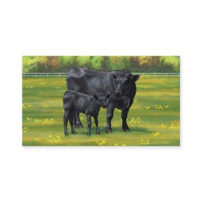 Black Angus Cow & Cute Calf in Summer Pasture