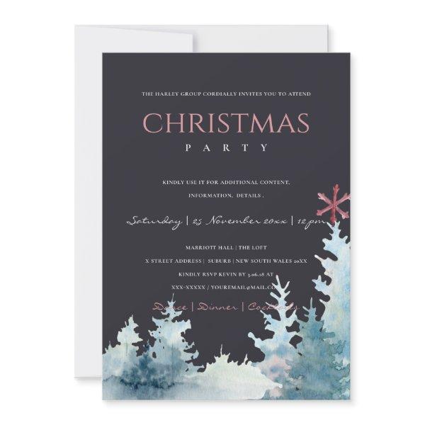 BLACK AQUA PINE TREE SNOWY FOREST CHRISTMAS PARTY HOLIDAY CARD