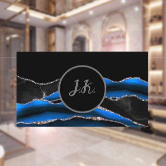 Black Blue Silver Initials Agate Glam Marble