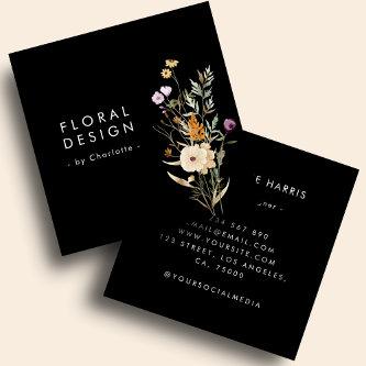 Black Boho Watercolor Wildflower Floral Designer   Square