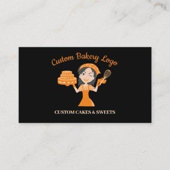Black Cake Decorator Lady Orange Apron Pastry Chef