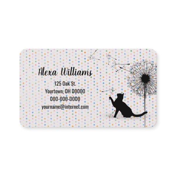 Black Cat with Dandelion on Polka Dots