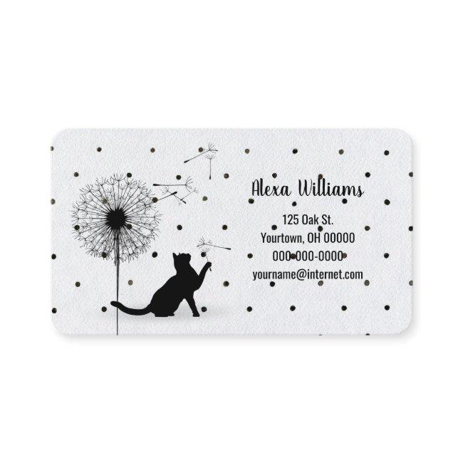 Black cat with dandelion on polka dots